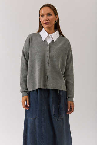 Crew Neck Premium Knit Cardigan Grey - 6