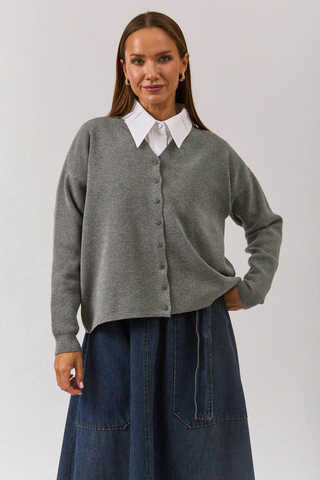 Crew Neck Premium Knit Cardigan Grey - 3