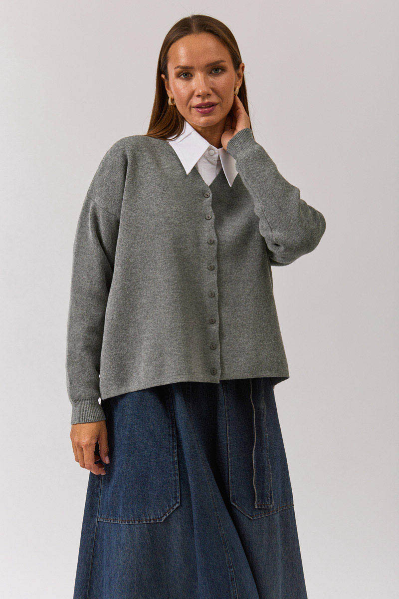 Crew Neck Premium Knit Cardigan Grey