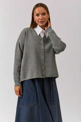 Crew Neck Premium Knit Cardigan Grey