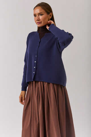 Crew Neck Premium Knit Cardigan Navy Blue - 4