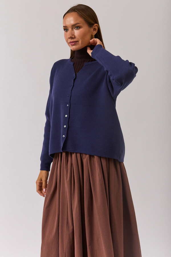 Crew Neck Premium Knit Cardigan Navy Blue - 4