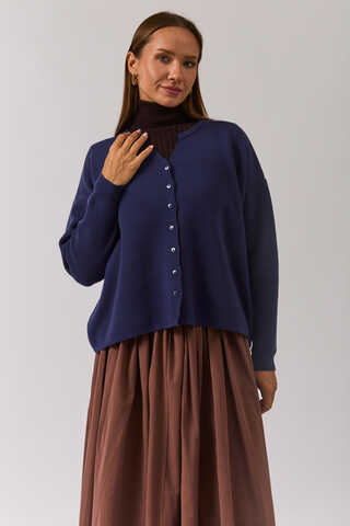 Crew Neck Premium Knit Cardigan Navy Blue - 5