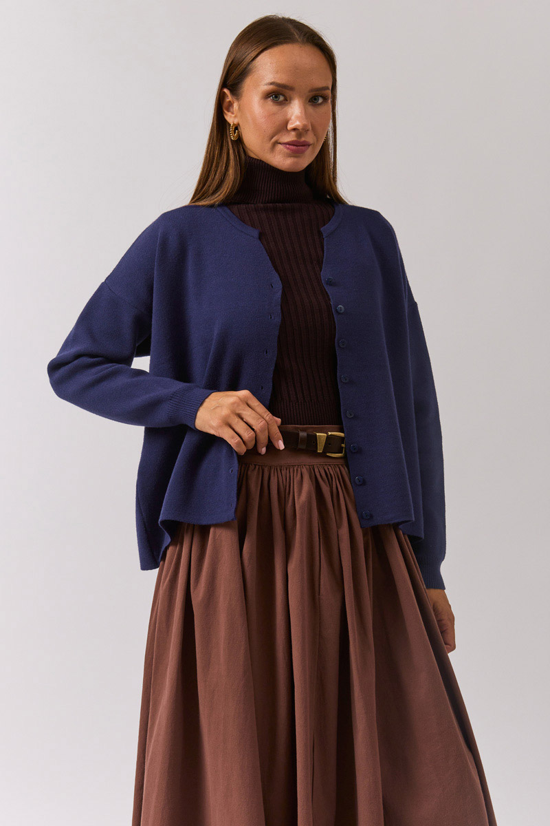 Crew Neck Premium Knit Cardigan Navy Blue