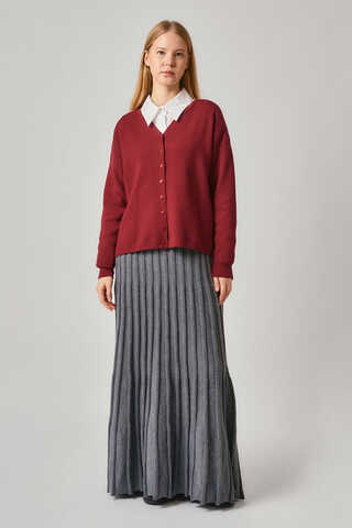 Crew Neck Premium Knit Cardigan Red - 2