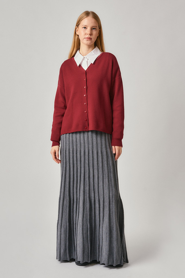 Crew Neck Premium Knit Cardigan Red - 2