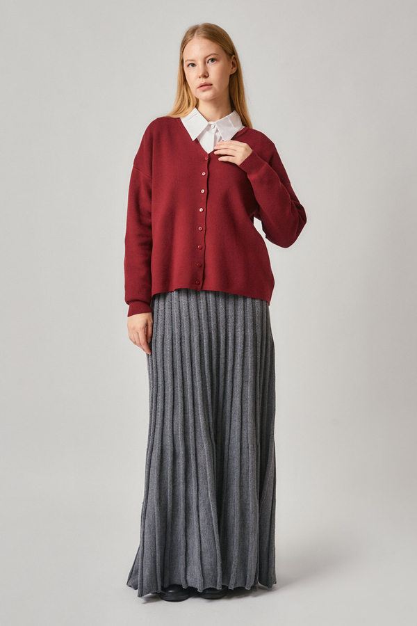 Crew Neck Premium Knit Cardigan Red - 4