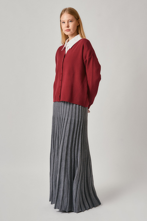 Crew Neck Premium Knit Cardigan Red - 5