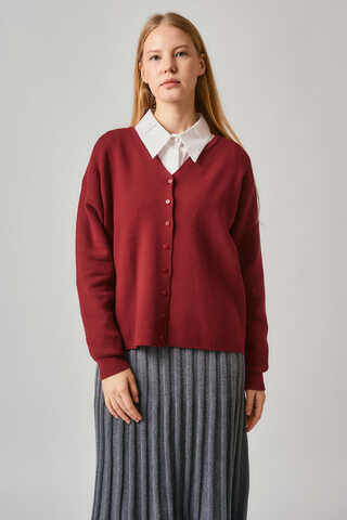 Crew Neck Premium Knit Cardigan Red - 6