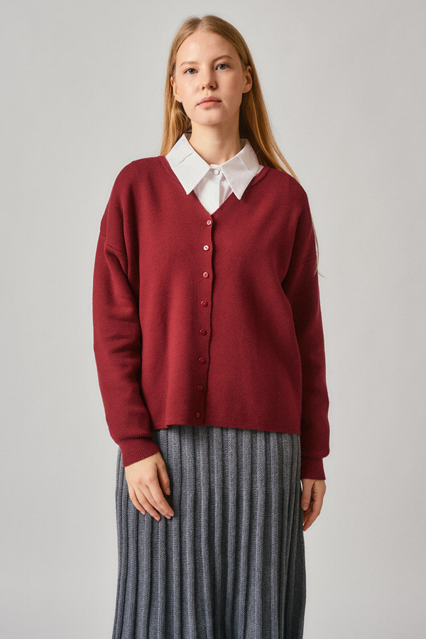 Crew Neck Premium Knit Cardigan Red - 6