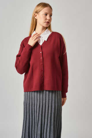 Crew Neck Premium Knit Cardigan Red - 7