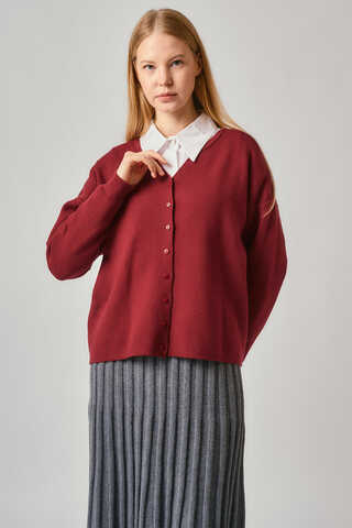 Crew Neck Premium Knit Cardigan Red - 1