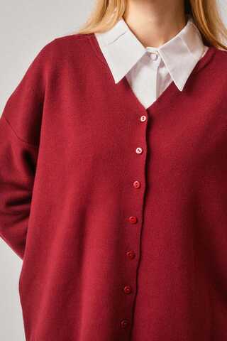 Crew Neck Premium Knit Cardigan Red - 3