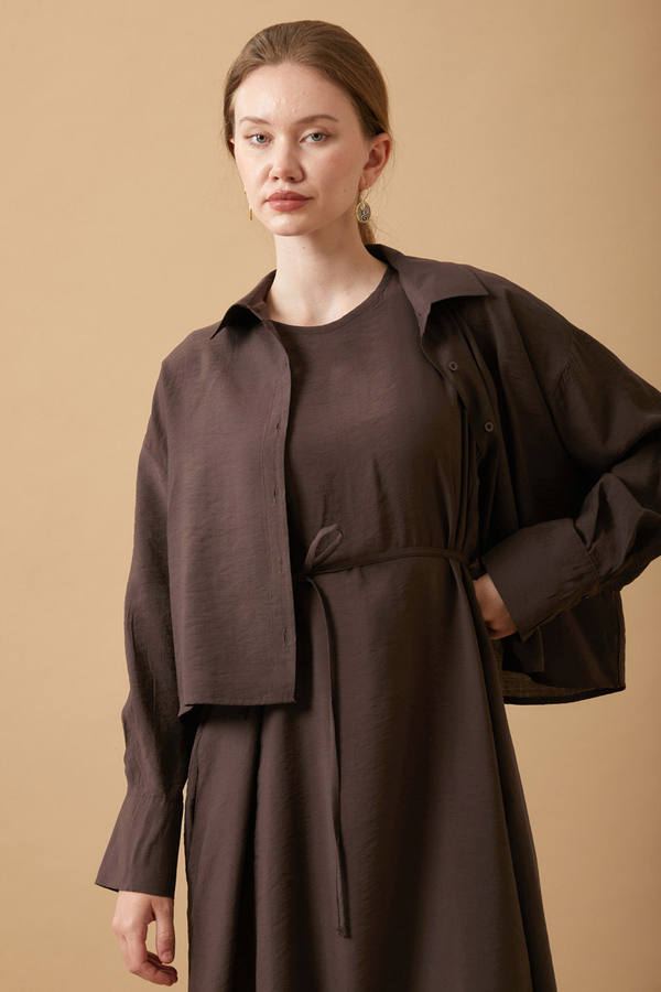 Crop Gömlekli Elbise Kahverengi - 7