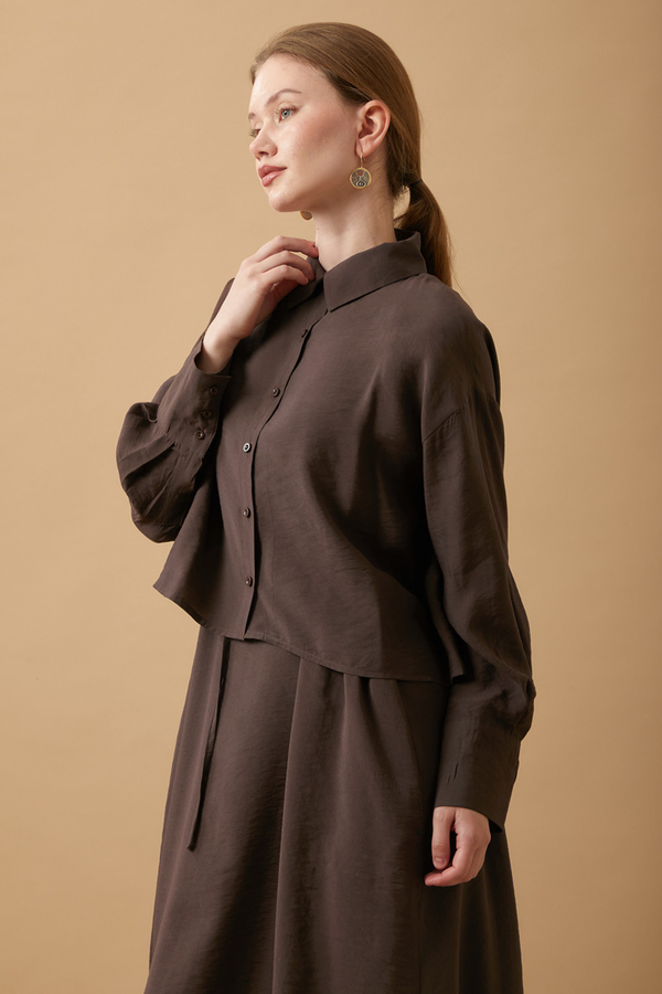 Crop Gömlekli Elbise Kahverengi - 6