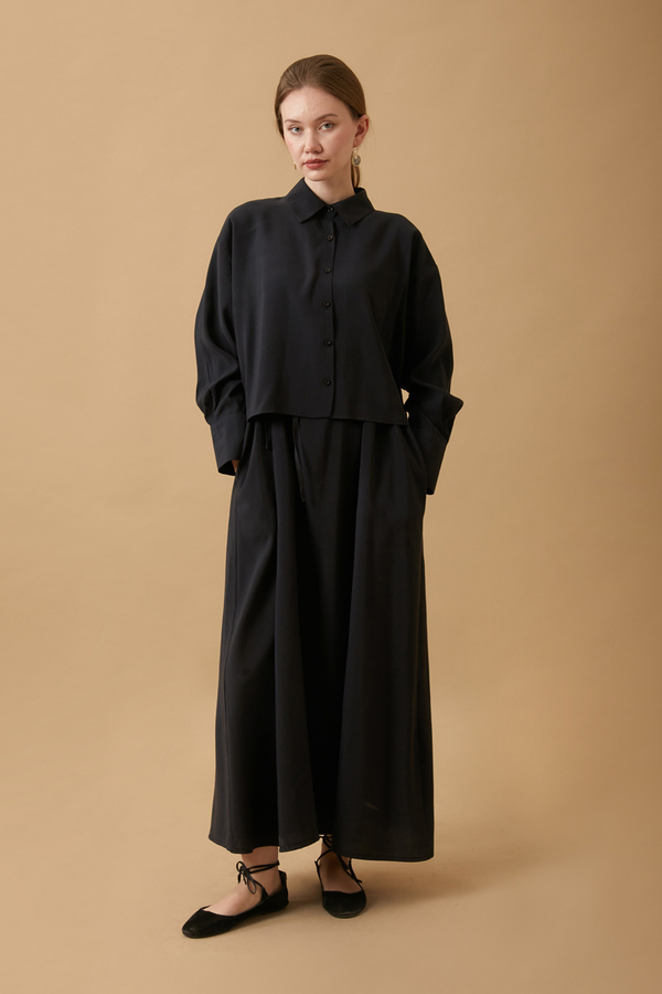 Crop Shirted Dress Black - 7