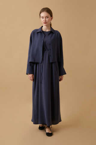 Crop Shirted Dress Navy Blue - 2