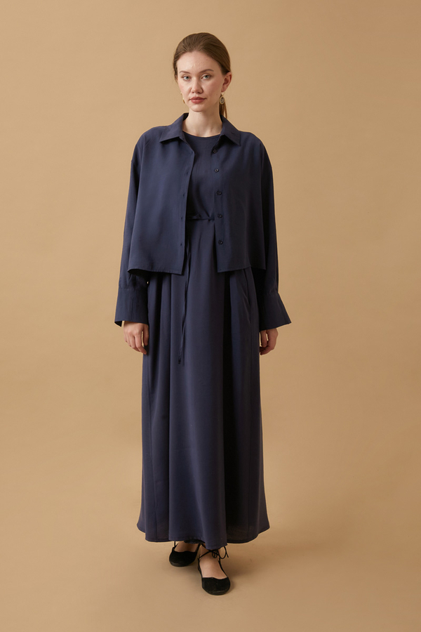 Crop Shirted Dress Navy Blue - 2