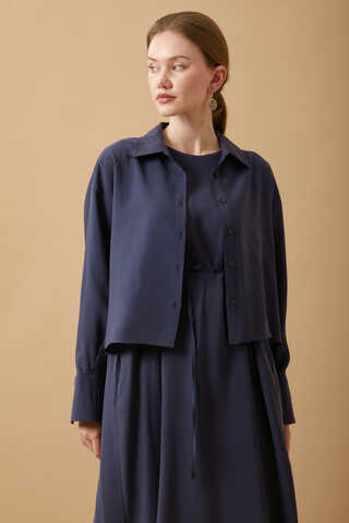 Crop Shirted Dress Navy Blue - 1