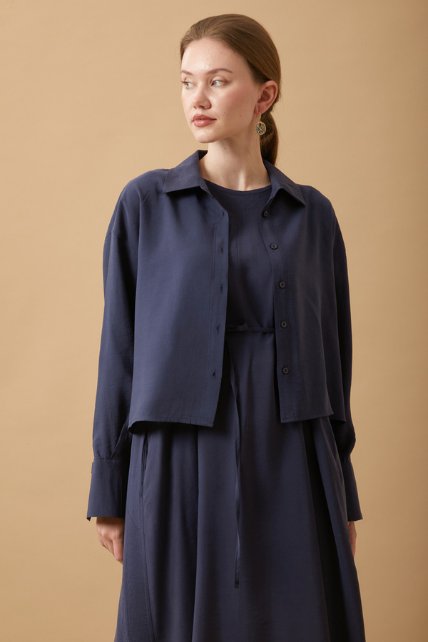 Crop Shirted Dress Navy Blue 