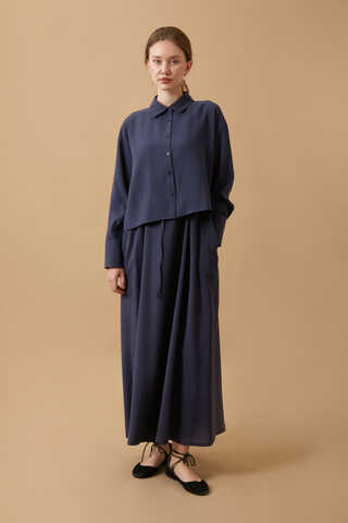 Crop Shirted Dress Navy Blue - 4