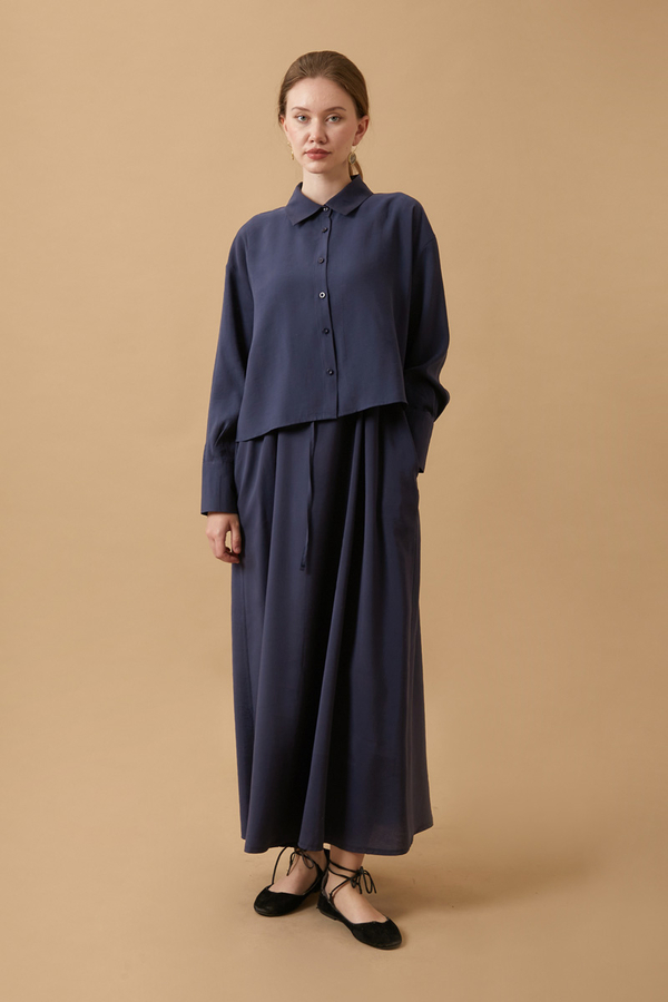 Crop Shirted Dress Navy Blue - 4