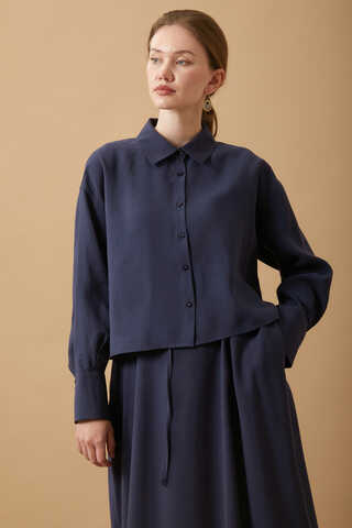 Crop Shirted Dress Navy Blue - 3