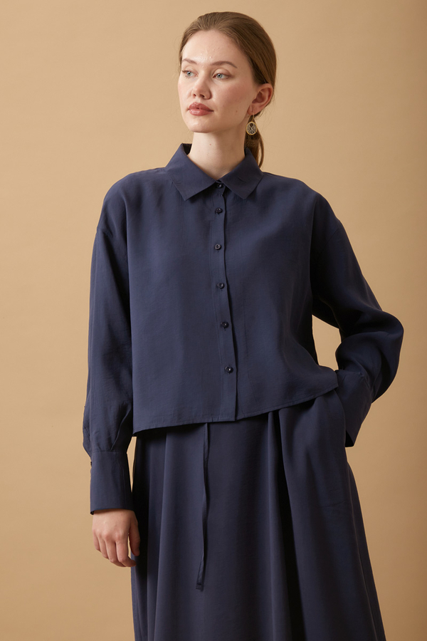 Crop Shirted Dress Navy Blue - 3