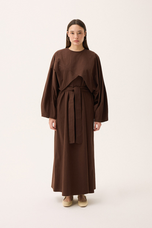 Croplu Elbise Takım Kahverengi 