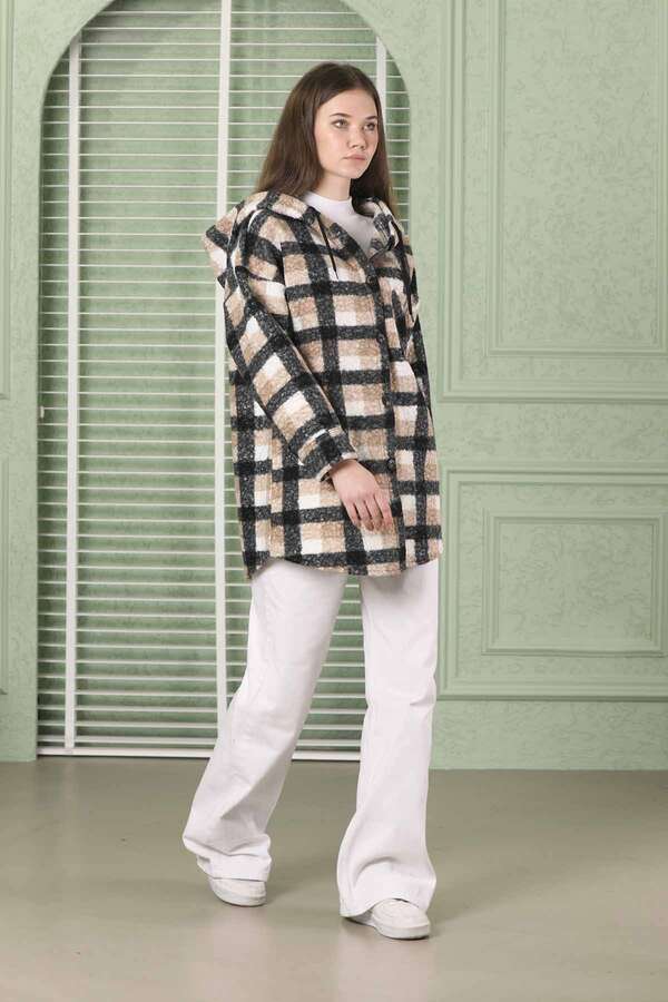 Curly Hooded Shirt Jacket Beige - 2