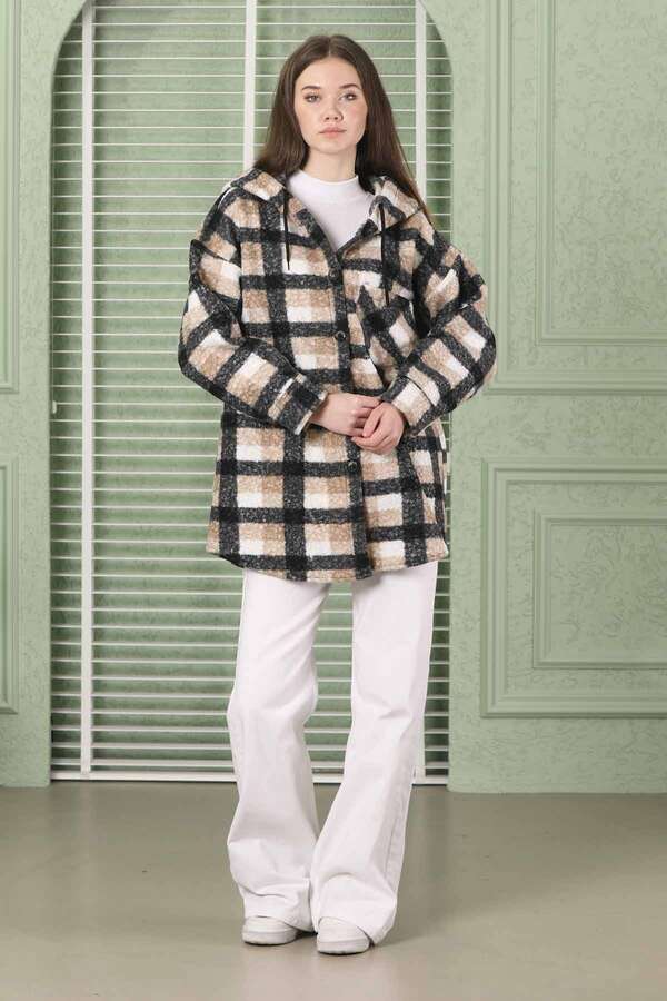 Curly Hooded Shirt Jacket Beige - 3