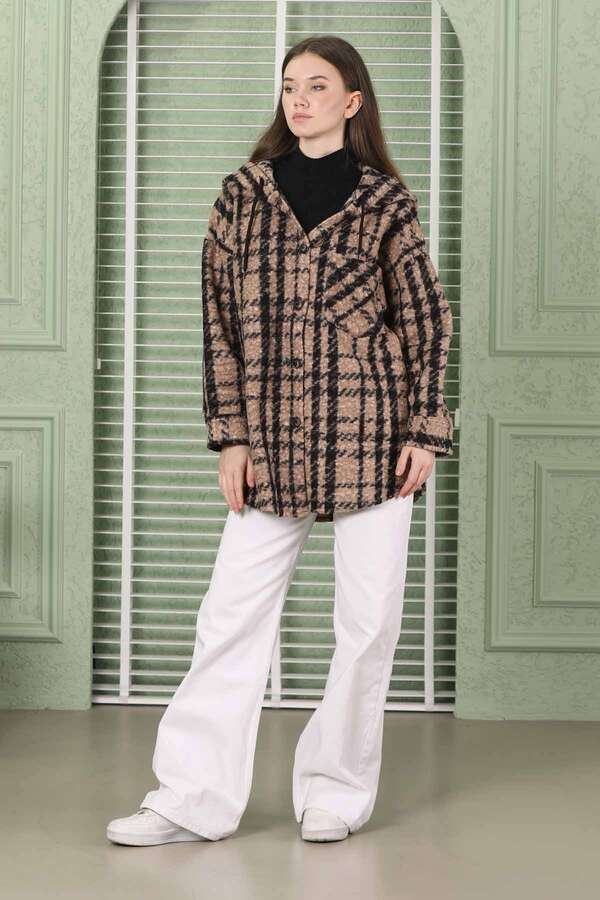 Curly Hooded Shirt Jacket Brown - 2