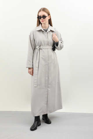 D Tokalı Trençkot Açık Gri - 1