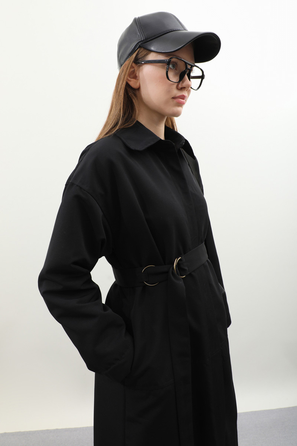 D Tokalı Trençkot Siyah - 9