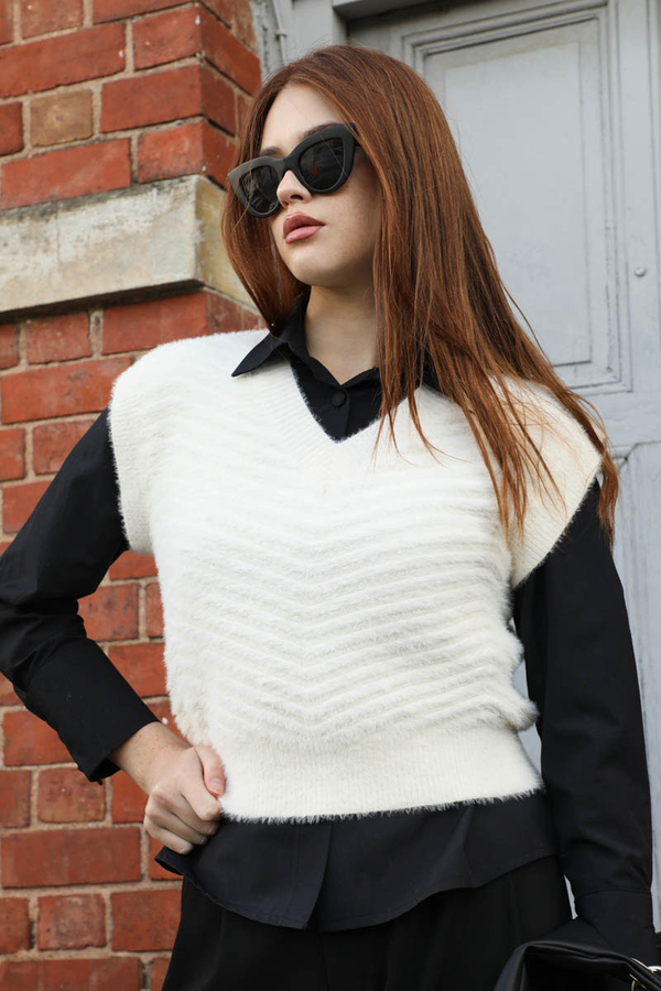 Dalga Desenli Süveter Ekru 