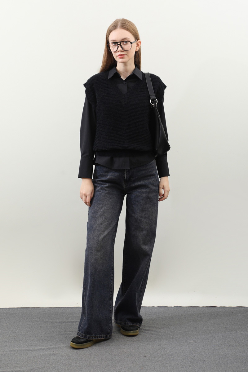 Dalga Desenli Süveter Siyah