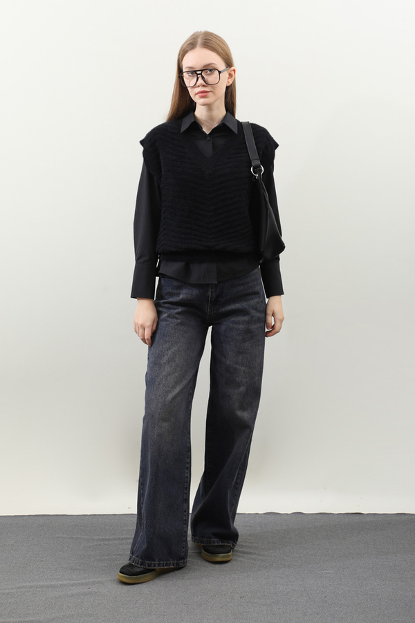 Dalga Desenli Süveter Siyah