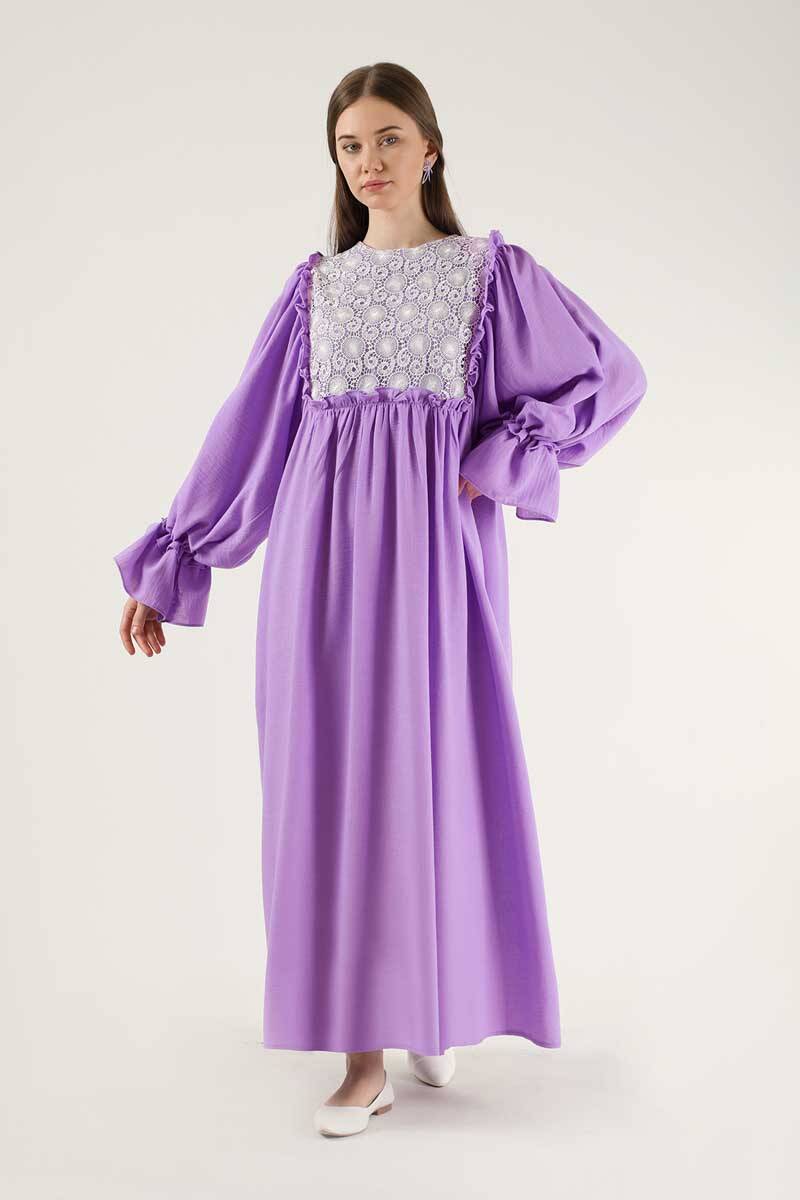 Dantel Detay Fırfırlı Elbise Lila