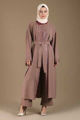 Dantel Detaylı Abaya Takım Gül Kurusu - 1