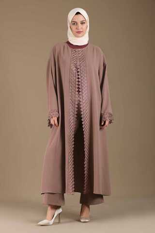 Dantel Detaylı Abaya Takım Gül Kurusu - 3