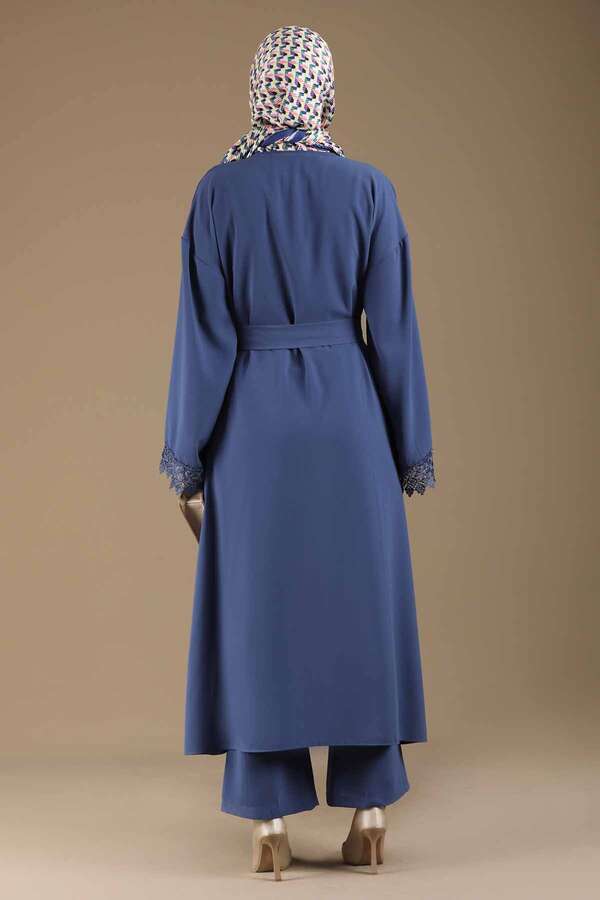 Dantel Detaylı Abaya Takım İndigo - 5