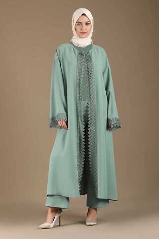 Dantel Detaylı Abaya Takım Mint - 3