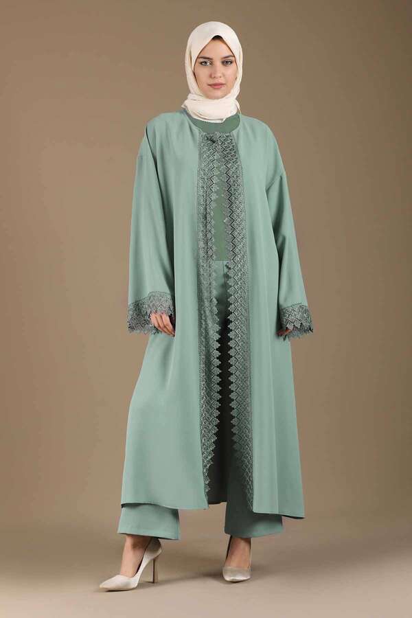 Dantel Detaylı Abaya Takım Mint - 3