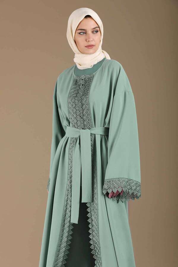 Dantel Detaylı Abaya Takım Mint - 4