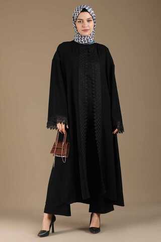 Dantel Detaylı Abaya Takım Siyah - 3