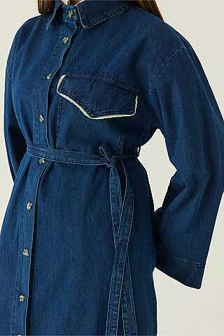 Dantel Detaylı Denim Elbise Koyu Mavi - 2