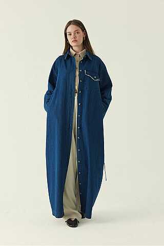 Dantel Detaylı Denim Elbise Koyu Mavi - 3