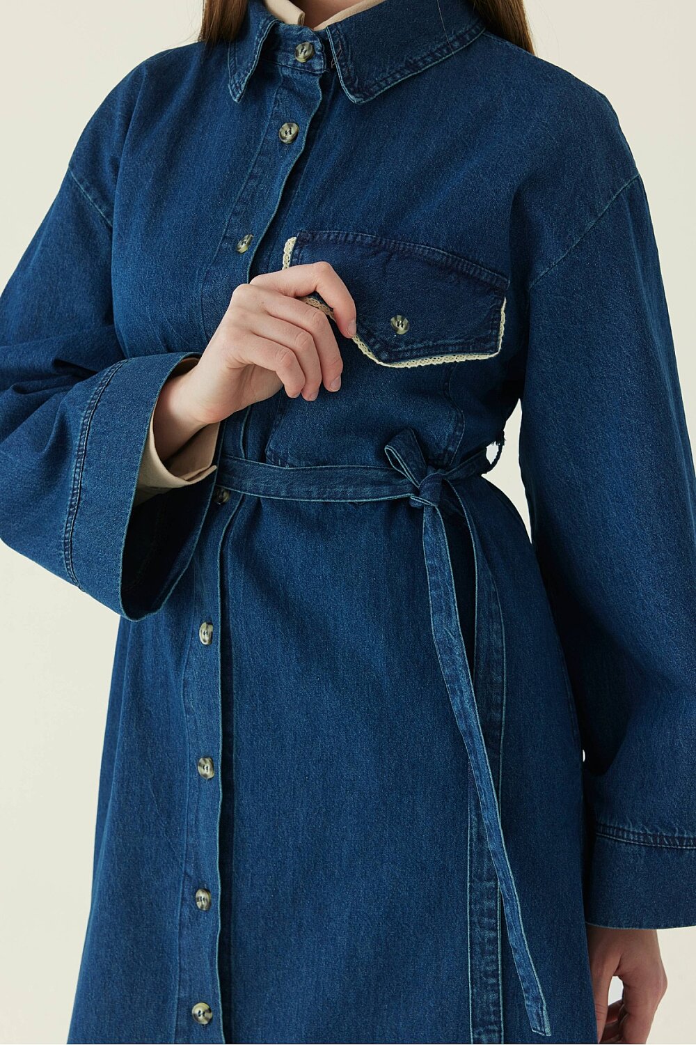 Dantel Detaylı Denim Elbise Koyu Mavi - 4