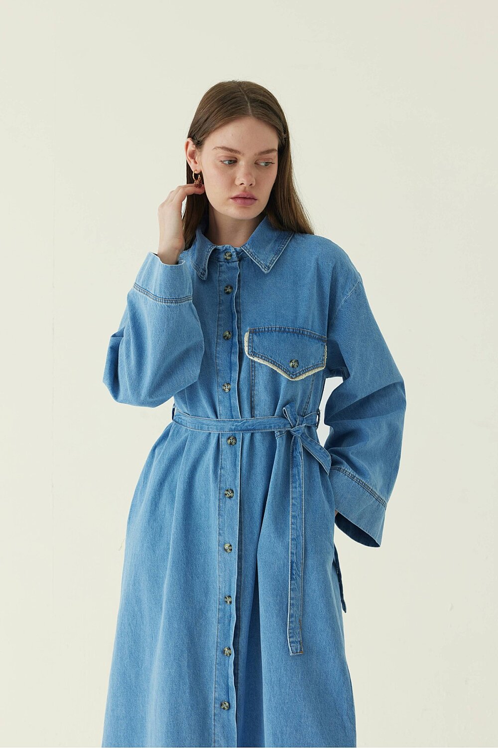 Dantel Detaylı Denim Elbise Mavi - 4