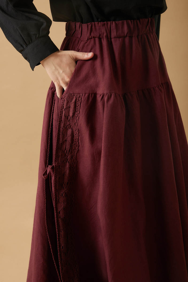 Dantel Detaylı Keten Etek Bordo - 4